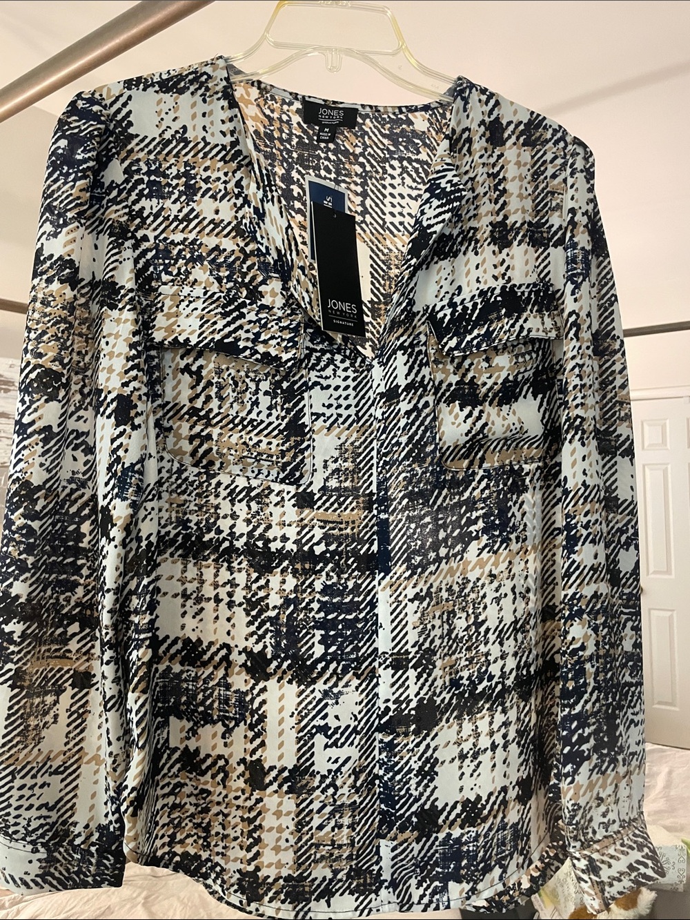Jones New York Navy, Cream & Tan Patterned Blouse